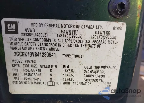 2004 Chevrolet Silverado 1500 Work Truck from USA, damaged, VIN 2GCEK19V841280541